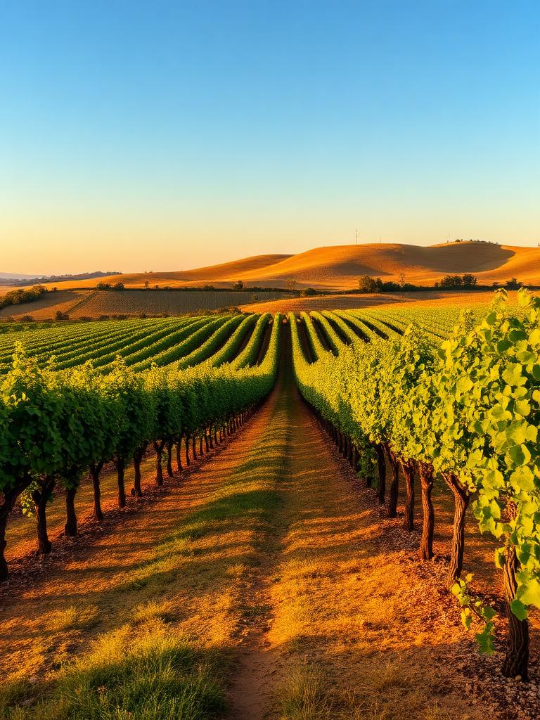 Vinhedo no Alentejo, Portugal, ao entardecer